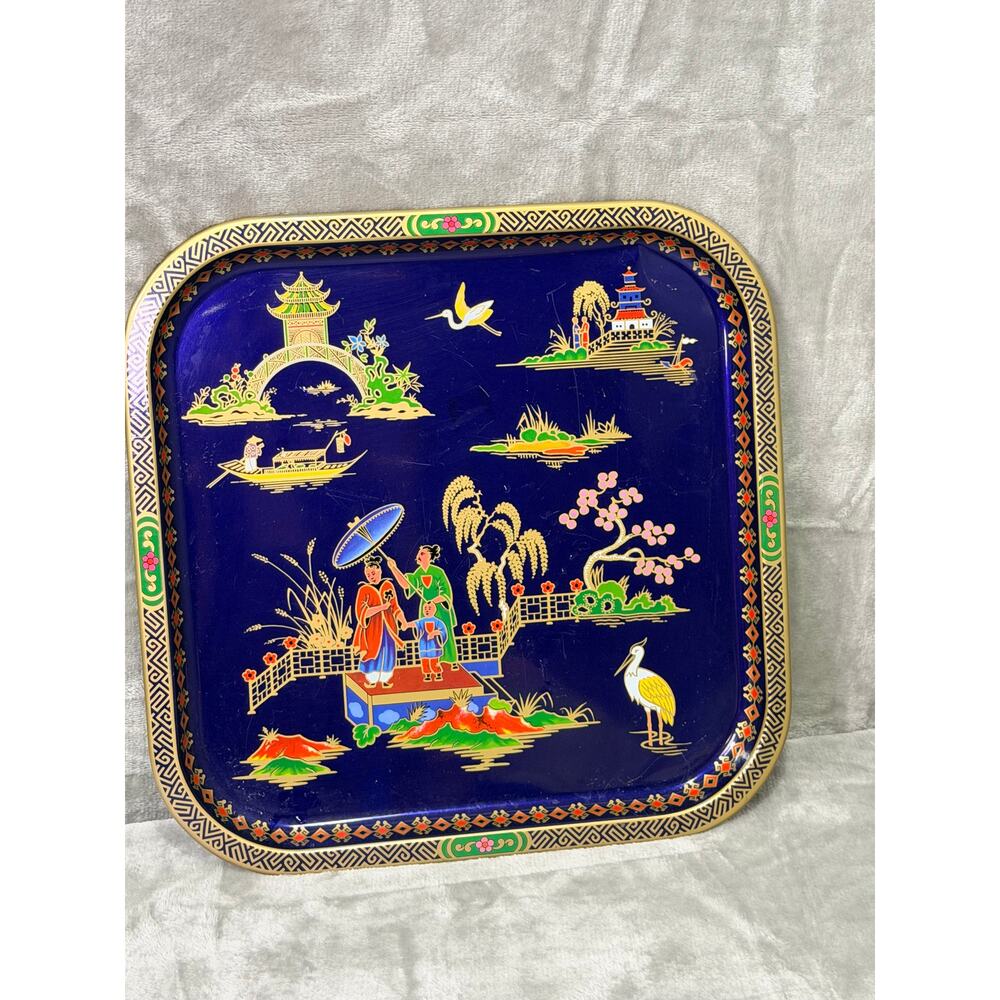 Vintage Daher England Blue Chinoiserie Serving Tray Pagoda Scene - Picture 2 of 6